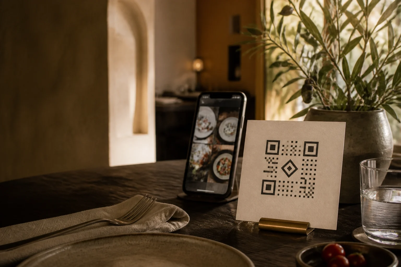 QR menü kartı bulunan sıcak restoran masası